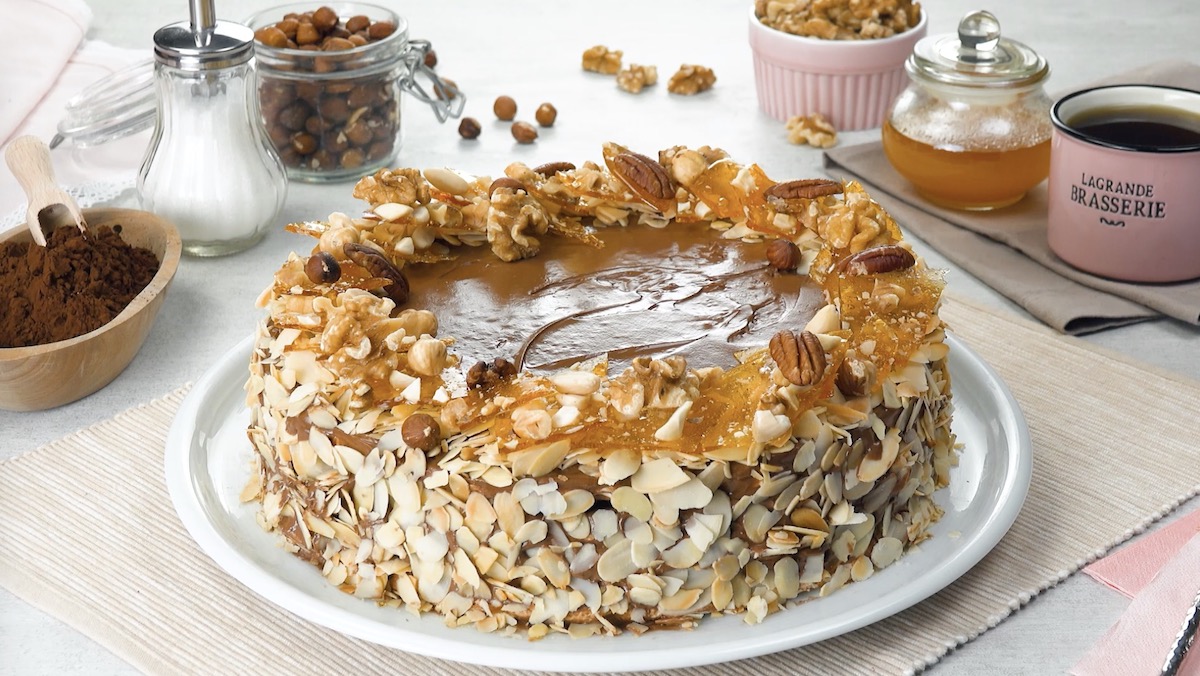 Flourless Caramel Nut Cake With Chocolate And Vanilla Cream Layers