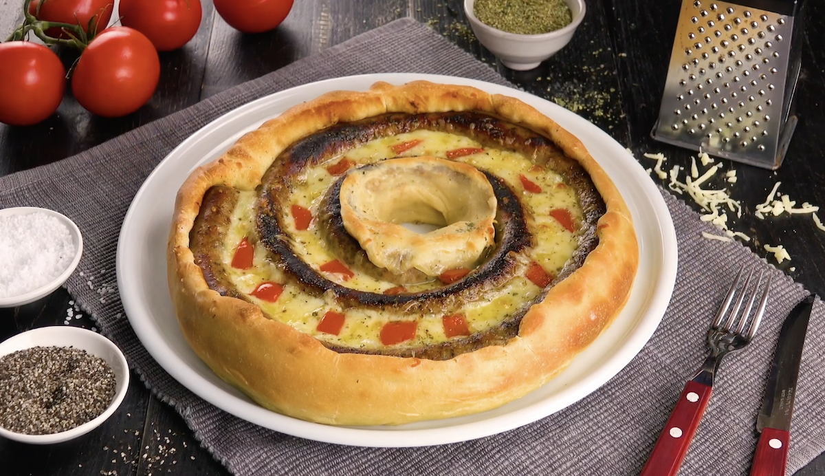 Spiral Pizza With Bratwurst, Tomato, And Mozzarella