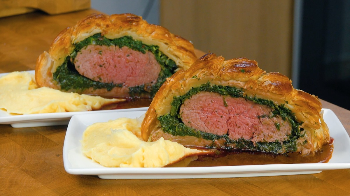 Beef Wellington With Garlic Sautéed Spinach Wrapped In Puff Pastry