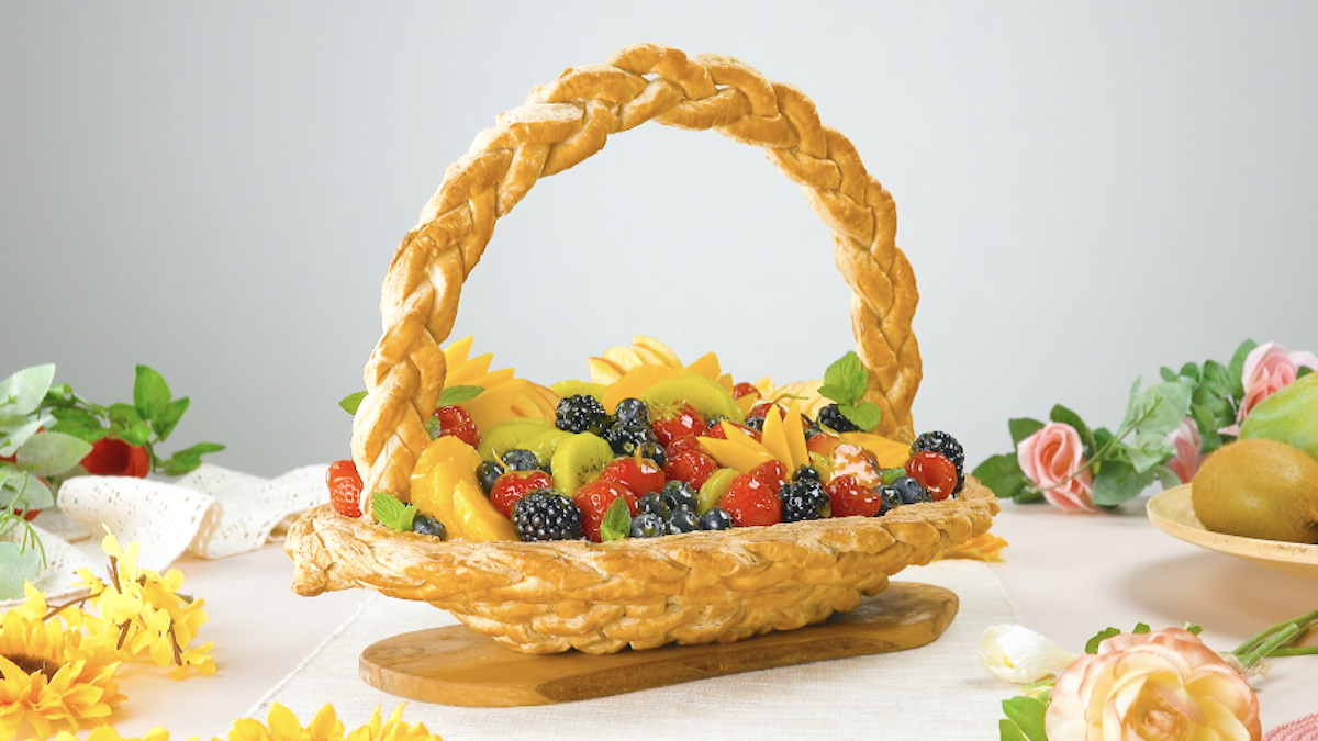 Edible Puff Pastry Basket Filled With Fresh Fruit And Mascarpone Cream