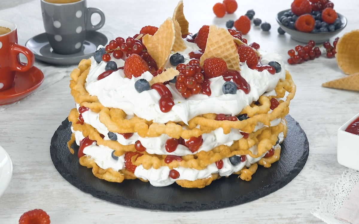 Triple Layer Funnel Cake With Berries & Cream
