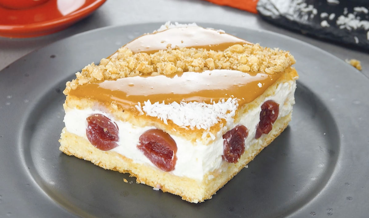 Cherry Caramel Cake With A Cream Cheese Filling