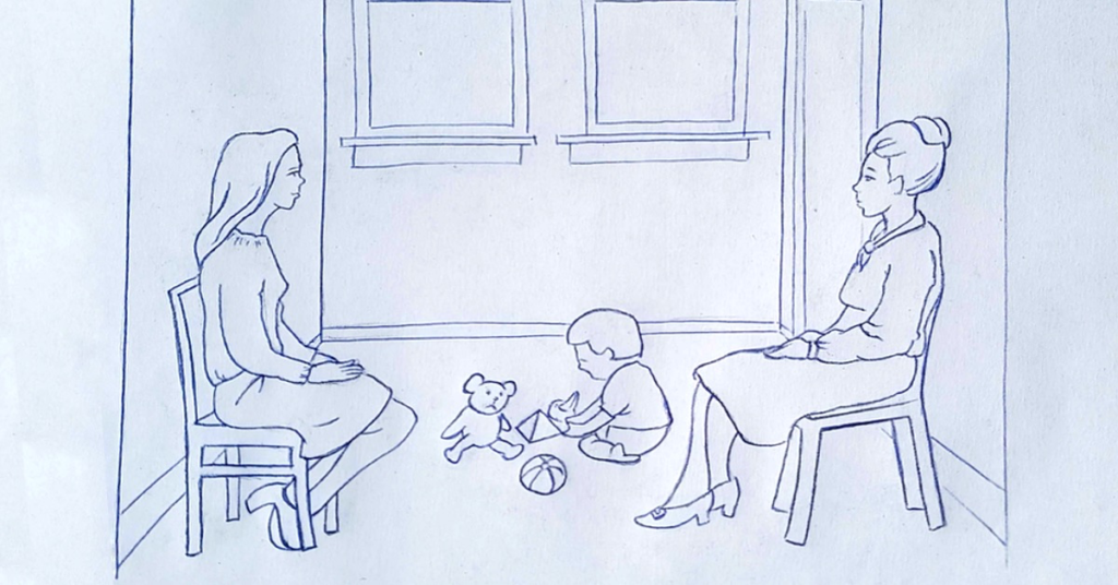 心理テストの絵：待合室にいる2人の女性と一人の子供。
