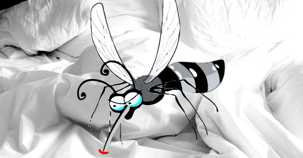 布団のシーツの上を飛ぶ蚊のイメージ。蚊はイラストで描かれています。