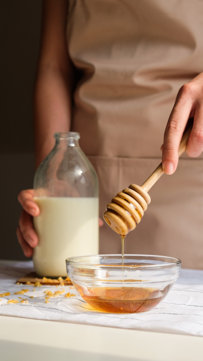 Honig in einem Schälchen mit einer Milchflasche im Hintergrund